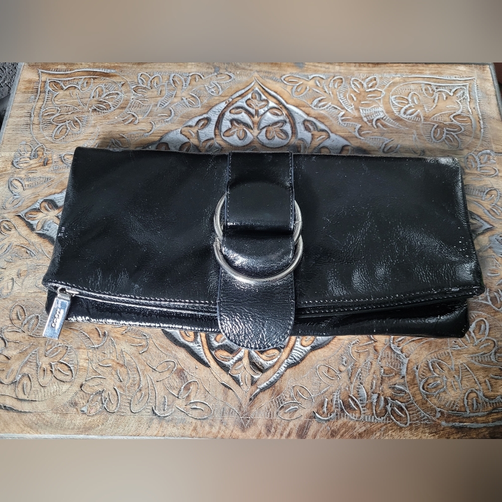 HOBO Black Leather Fold-Over Clutch with Silver Hardware